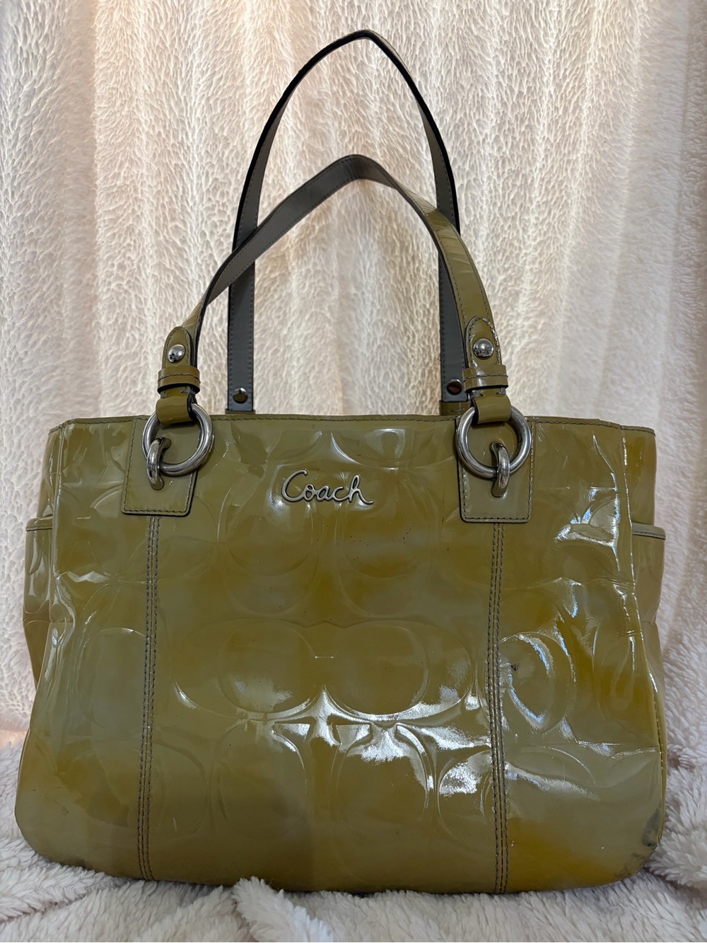 Coach Olive Patent Leather Tote with Silver Hardware - Picture 6 of 13